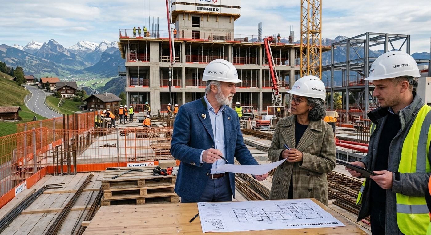 Architectes et chef de chantier avec casques sur un chantier en Suisse romande