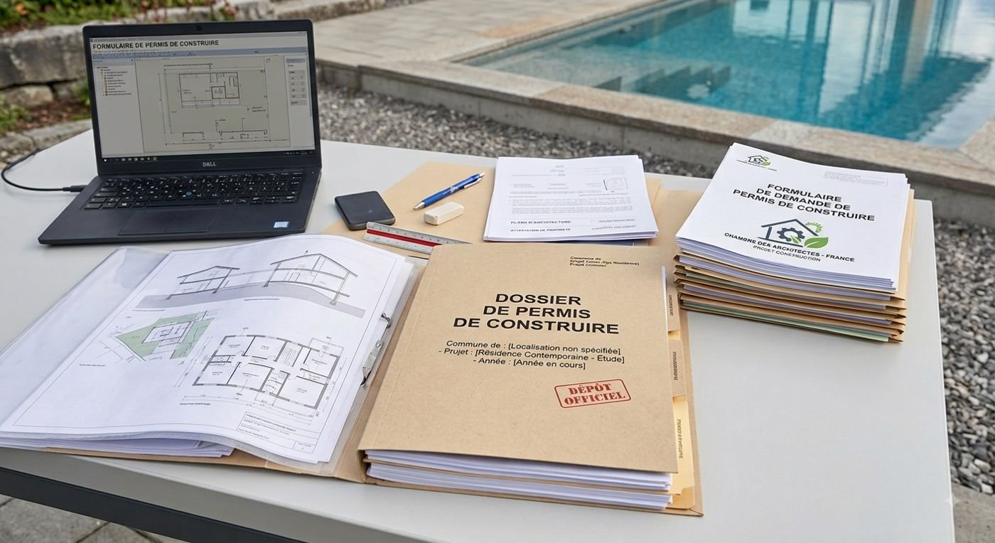 Dossier de permis de construire et plans au bord d’une piscine